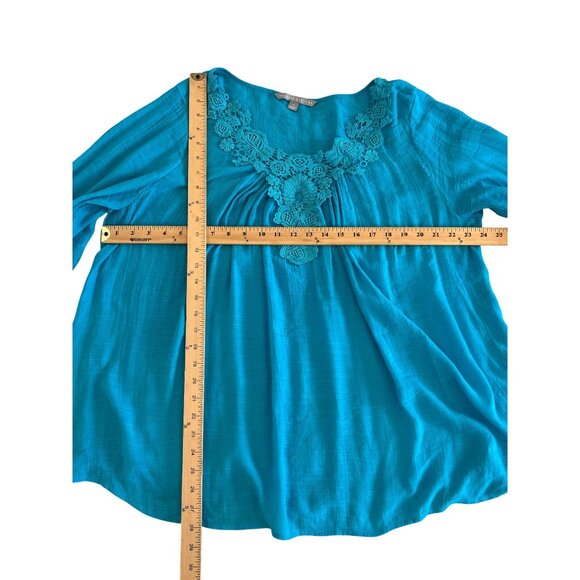 VALERIE STEVENS~ Women’s Teal Bell Sleeve Blouse Crochet Trim Size 1X - Picture 7 of 11